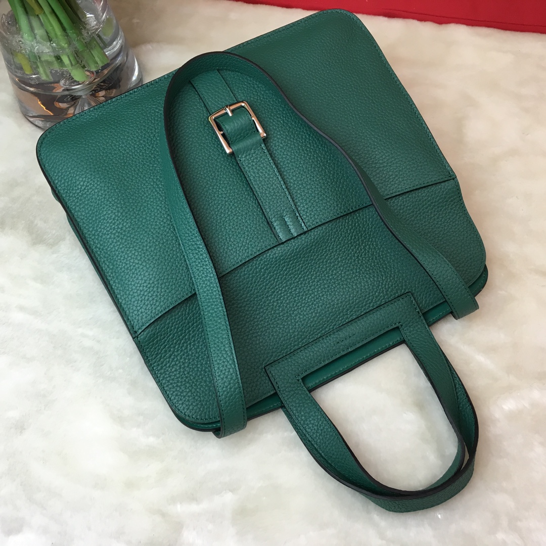 Hermes Halzan 31 Handbag Shoulder Bag In Dark Green Clemence Leather